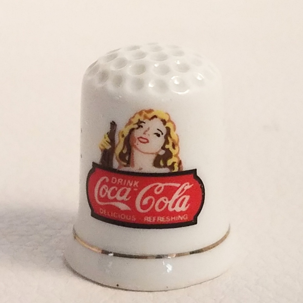 JSNY Coca Cola Girl & Bottle Transfer Gold Trim Porcelain Thimble
